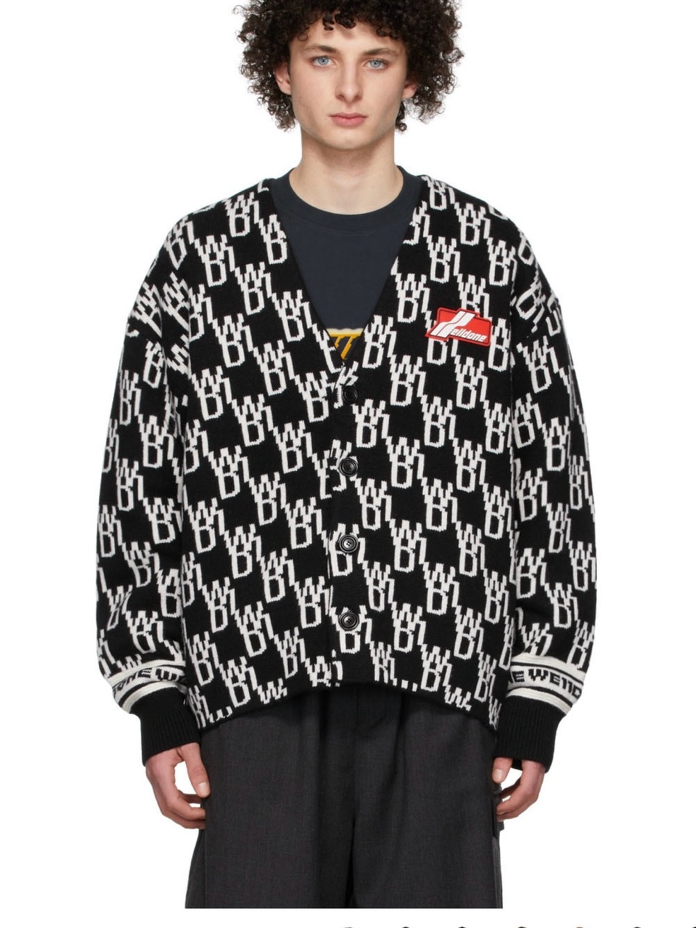 We11done Black & White Monogram Cardigan with Red Patch